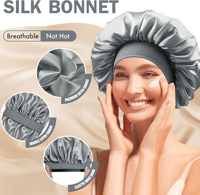 Satin Silk Bonnet for Sleeping, Double Layer Silk Sleep Cap for Men & Women, Soft Satin Lined Bonnet for Curly Hair
