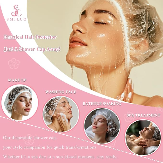 Smilco Disposable Shower Caps 100PCS - 18.1 Inch Large Plastic Hair Cap, Clear Elastic Waterproof Bath Caps - Travel Essentials, Bathing Accessories