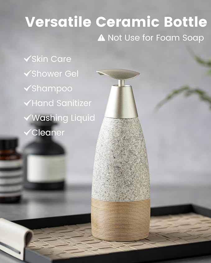 Ceramic Soap Dispenser with 2 Pumps, 12 oz Refillable Liquid Hand Soap Dispenser for Shampoo, Kitchen, Hand Soap Bottle for Mother's Day, Granite Grey