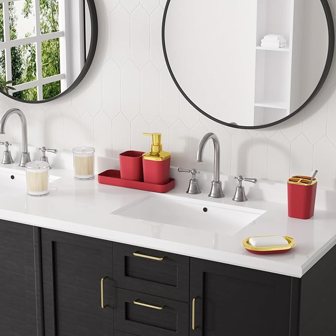 Dark Red Bathroom Accessory Set, 9-Piece Burgundy Bathroom Set with Trash Can, Toothbrush Holder, Toothbrush Cup,Soap Dispenser,Soap Dish,Toilet Brush Holder,2 Qtip Holder Dispensers and Tray