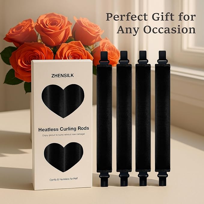 Heatless Hair Curler Set – 4PCS Velvet Overnight Blowout Rods for Heatless Curls, Jumbo Flexible Curling Rods to Sleep In, No Heat Curling Tools for Natural Waves and Curls Black