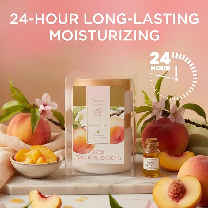 Princess Belle Peach Body Butter, Shea Body Butter and Body Moisturizer for Dry Skin, Smell Good, Peach Gifts for Women-2 Pack (3.4floz + 6.8 floz)
