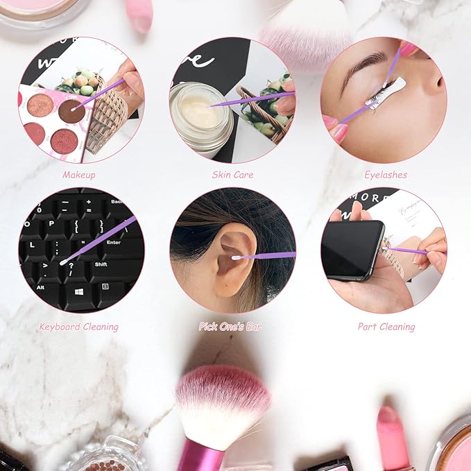 G2PLUS 500PCS Cotton Swabs, Purple Disposable Micro Applicators Brush for Makeup and Personal Care Cosmetic Brush, Micro Swabs for Eyelash Extensions, Nails, Eyeliner (Head Diameter: 3.0mm)