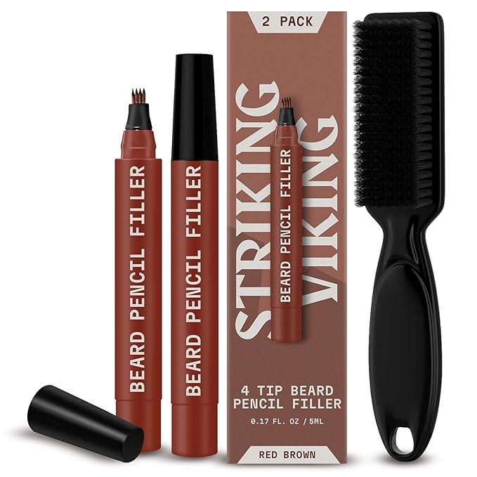 Striking Viking Beard Pencil Filler for Men - Red Brown, 2 Pack - Temporary Beard Dye - Waterproof Sweatproof Long Wear Beard Filler Pen for Touchups & Gap Contouring - Enhances Facial Hair