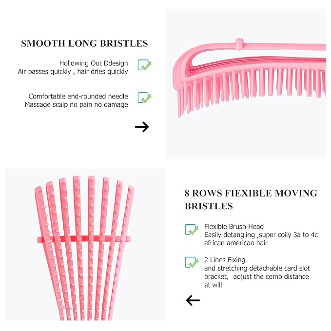 Detangling Hair Brush, Detangling brush for Adults and Kids, Comb Set for Kinky Curly Coily and Wavy Hair, For Wet and Dry Hair, Afro American Type 3a-4c, Comfortable Grip, Easy to Clean(Pink)
