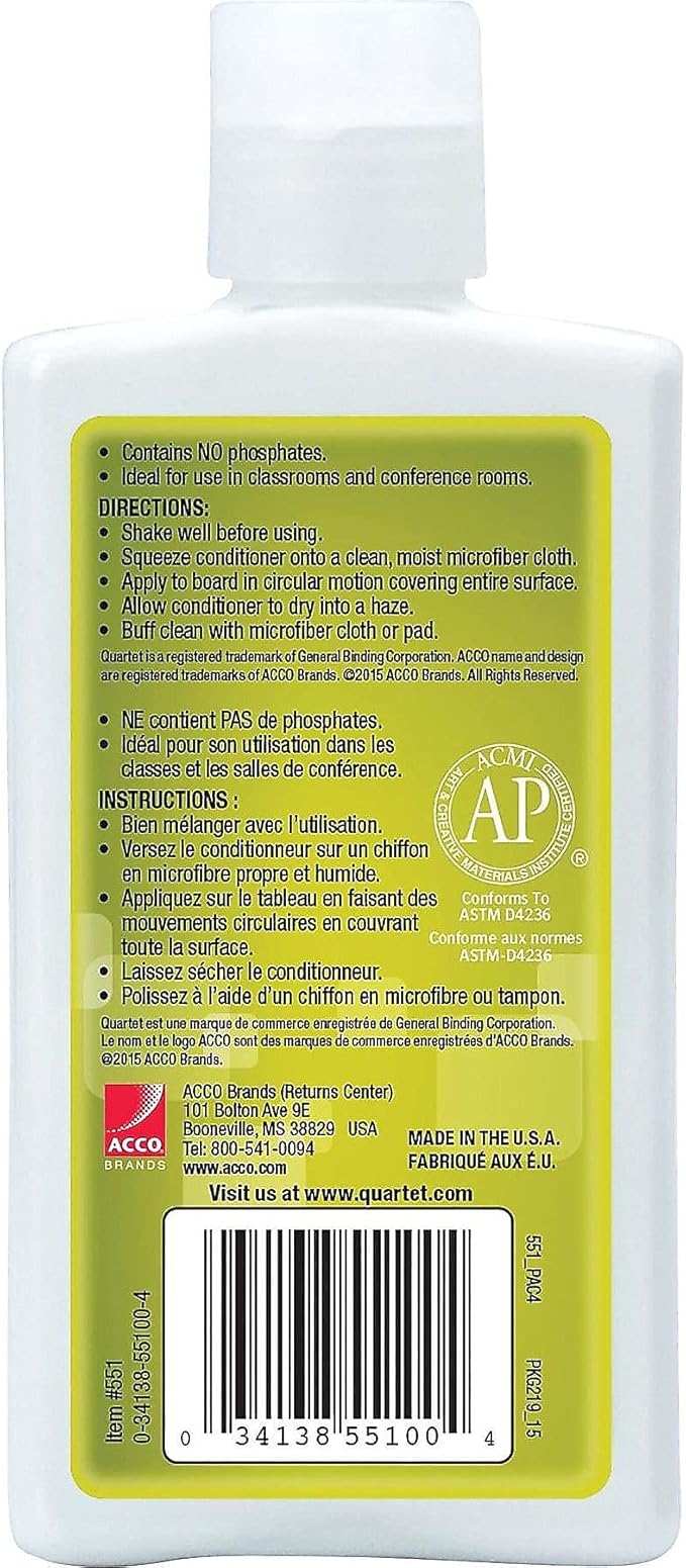 Quartet 551 Whiteboard Conditioner/Cleaner for Dry Erase Boards, 8 oz Bottle