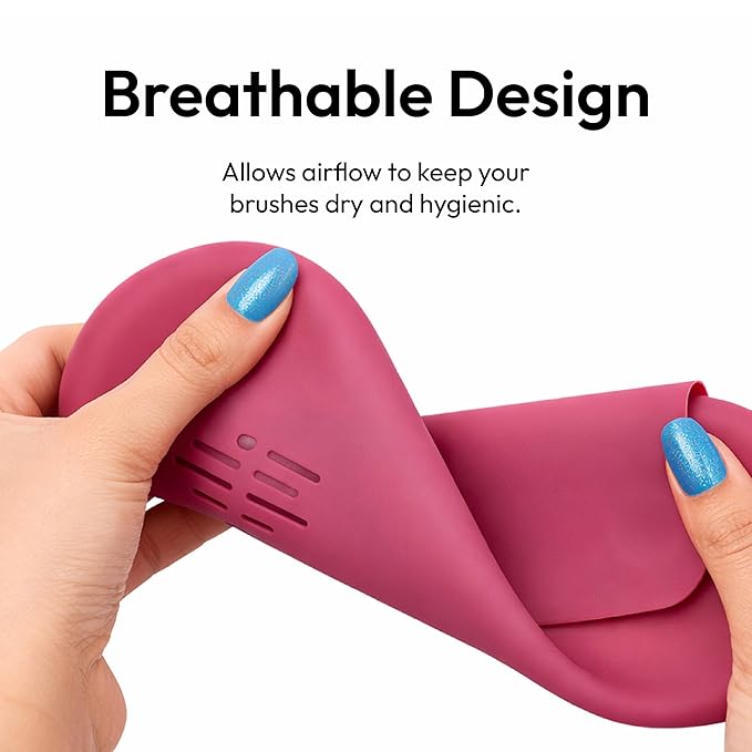 ÉCLAT Silicone Makeup Brush Holder Travel, 3 in 1 Portable Bag With Anti-Fall Out Magnetic Closure & Cleaner Mat Case, Soft Cosmetic Tool Organizer Pouch Keeps Brushes Clean & Dust Free (Pink)