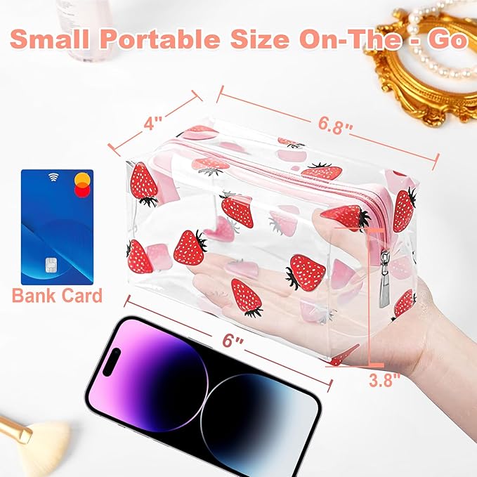 Clear Makeup Bag, Small Clear Toiletry Bag for Travel, Cosmetic Makeup Organizer Bags with Zipper, Plastic PVC Pouch Transparent Zip for Purse Reusable TSA Approved Quart Size (Strawberry)