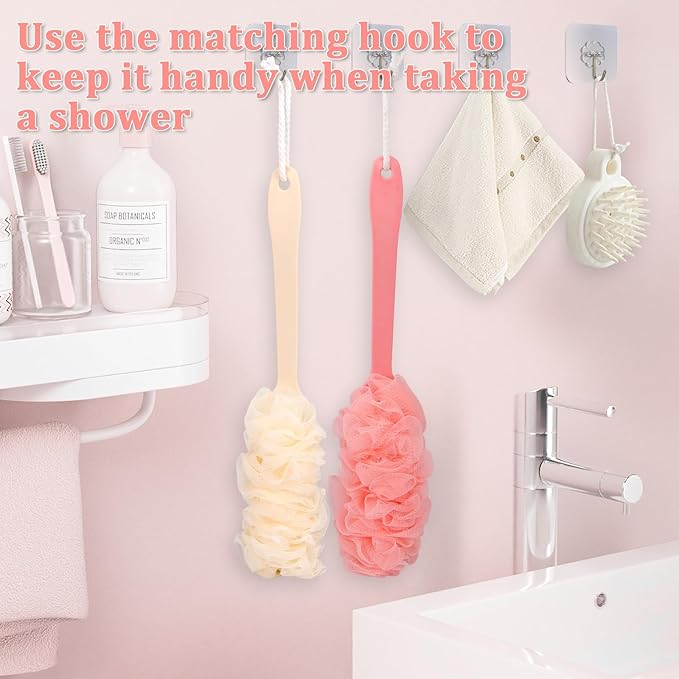 4Pack Back Scrubber for Shower Loofah with Long Handle, Shower Brush for Body, 17″ Loofah on a Stick for Men Women Bathing Accessories, Scrubber Sponge for Exfoliating Bath Brushes (Beige & Pink)
