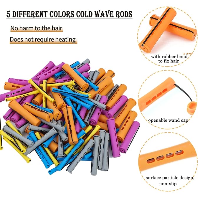 72pcs Perm Rods Set for Natural Hair - Plastic Cold Wave Rods Hair Rollers Curling Rod for Women DIY Hairdressing Tools（Orange+Purple+Gray+Blue+Yellow）