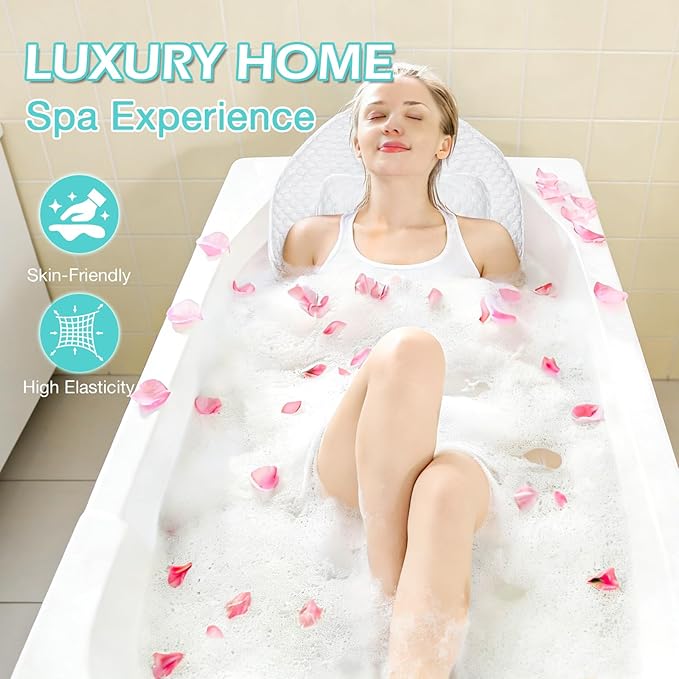 Full Body Bath Pillow for Bathtub, Thick Soft Tub Cushion with Non-Slip Suction Cups Dual Hooks, Luxury Spa Pillow for Neck Back and Hip Support, 55" x 18"