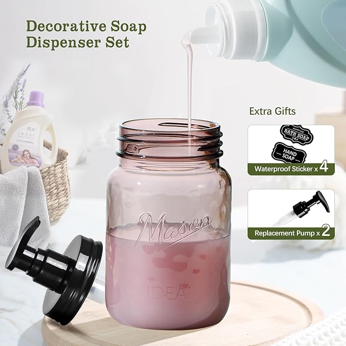 Amolliar 16 Oz Plastic Soap Dispenser, Refillable Hand Dish Soap Dispenser - Vintage Rose Bottle with Black Pump Lids, for Farmhouse Bathroom Kitchen, Includes 2 Extra Pump & Waterproof Label (2 Pack)