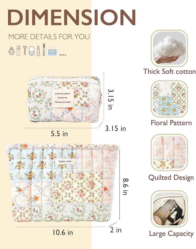 2 Pieces Floral Makeup Bag, Cute Travel Quilted Pouch Cosmetic Bag Organizer, Small Cotton Coquette Aesthetic Purse Toiletry Bag for Women Girls accessories (Blue Flower-2PCS)