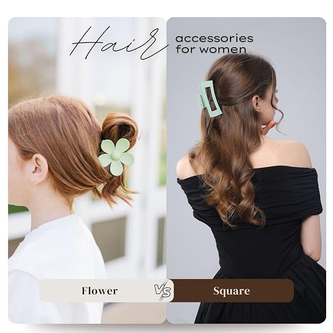 6 Pack Large Claw Clips for Women, Square & Flower Hair Clips for Thick Hair, Matte green & blue Colors