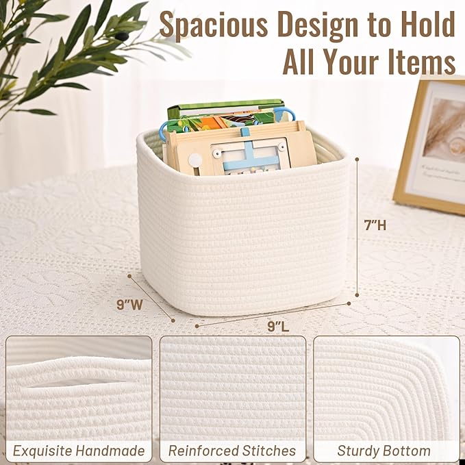 3 Pack Cube Storage Bin, 9”x9”x7” Cotton Rope Woven Baskets for Organizing Toys Clothes Towels, Square Gift Storage Baskets for Shelf, Nursery, Closet, Bathroom, Pantry (White)