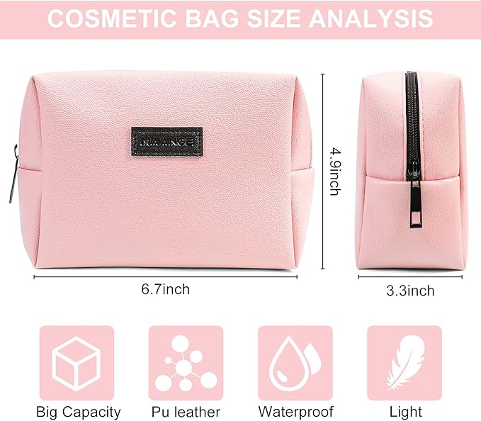 MAANGE Small Makeup Bag For Purse, Travel Cosmetic Bag Makeup Pouch PU Leather Portable Versatile Zipper Pouch For Women (Pink)