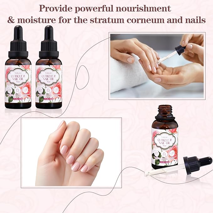 3 in 1 Cuticle Oil, 3 Pack Rose Nails Care Oil to Strengthen Brittle Nails, Hydrate Dry Cuticles & Soften Hands, Fast-Absorbing