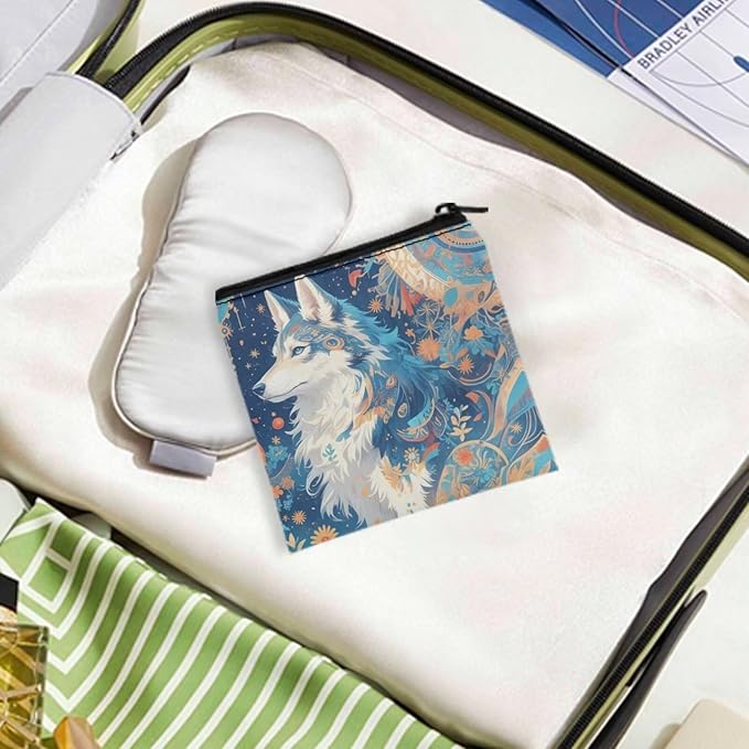 Artsy Wolf Print Period Bags Convenient Sanitary Napkin Storage Bag for Women Portable Tampon Holder for Purse Gym Daily Carry
