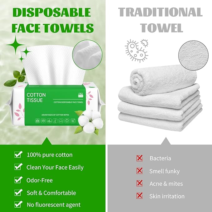Disposable Face Towels 100 Count, Biodegradable Facial Towels for Sensitive Skin, Ultra Soft & Thick Face Cloth, Lint- free Dry Wipes for Makeup Remover, Skincare and Cleansing
