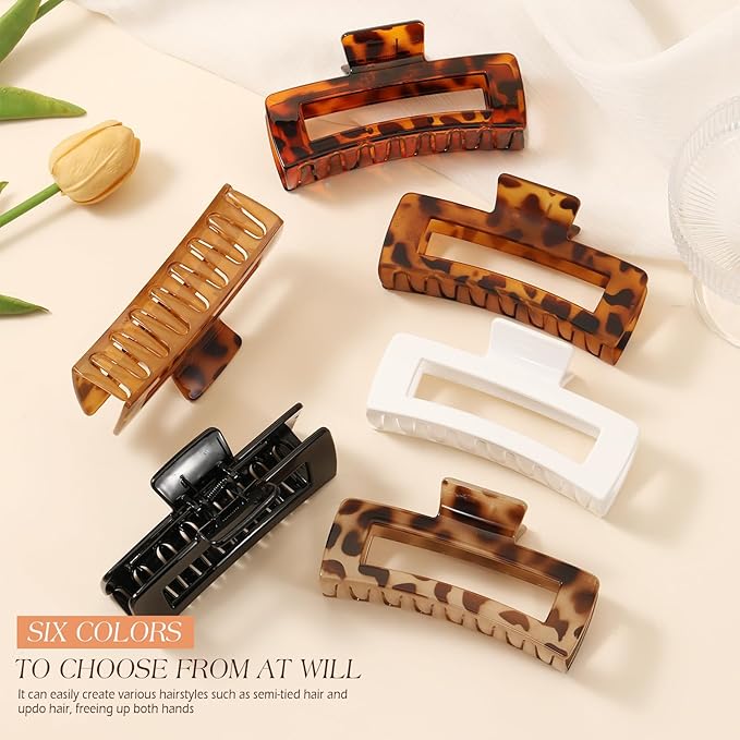 6 PCS 5 Inch Extra Large Claw Clips for Women, Tortoise Shell Jumbo Claw Clips for Thick Long Curly Hair, Oversized Matte Non-slip Rectangle, Durable Strong Hold Hair Clip,Non-slip Square Jaw Clip