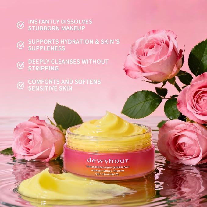 dewyhour Rose Serum Collagen Cleansing Balm - Gentle Melting Makeup Remover & Pore Cleanser, Hydrating Facial Cleanser for All Skin Types | Vegan Korean Skincare 2.46oz
