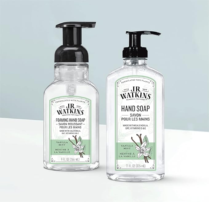 J.R. Watkins Foaming Hand Soap Pump with Dispenser, Moisturizing Hand Soap Foam, Alcohol-Free and Cruelty-Free, Use for Kitchen or Bathroom, Menthe a la Vanille/Vanilla Mint, 9 fl oz, 3 Pack