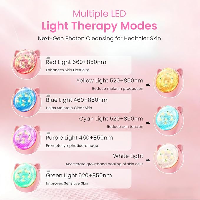 Face Scrubber Facial Cleansing Brush - Portable Silicone Waterproof Rechargeable Electric Exfoliator Scrubber with Heated, 7 Colors LED Light Therapy, Makeup Remover Cleansing and Massaging (Pink)