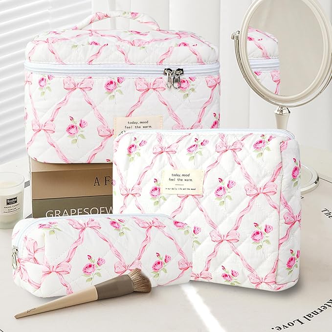 3Pcs Cotton Quilted Makeup Bag Large Travel Cosmetic Bag Coquette Makeup Pouch Cute Aesthetic Floral Toiletry Bag for Women Girls (flower-R)