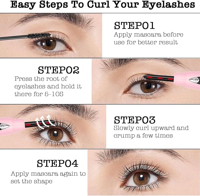 Heated Eyelash Curlers, Heated Lash Curler Rechargeable Eyelash Curler Natural 24 Hours Long-Lasting, Electric Eye Lash Curler Heating with 3 Temp Settings Makeup for Girls Women, Pink