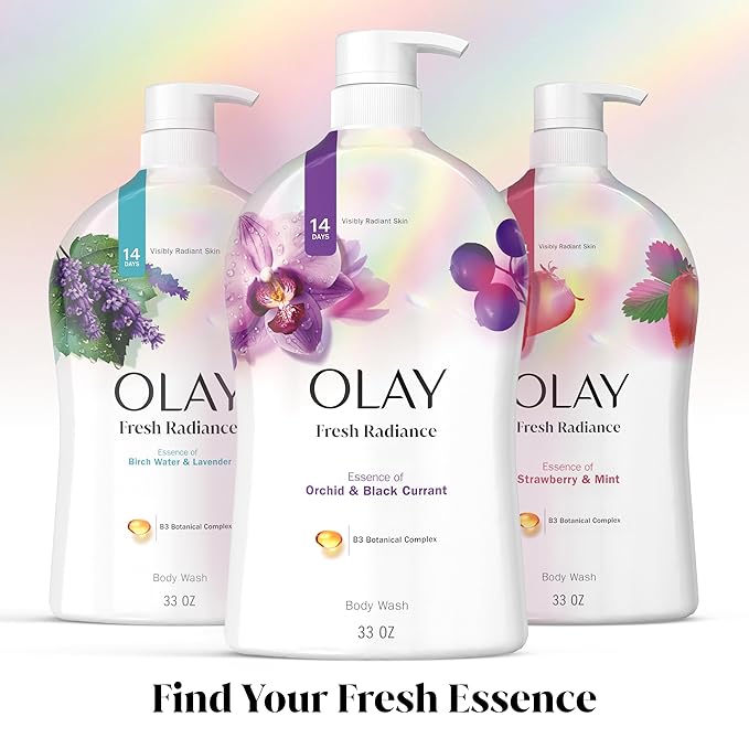 Olay Body Wash for Women, Fresh Radiance, Refreshing & Renewing, Made with Plant Based Cleansers, B3 Botanical Complex, For All Skin Types, Orchid & Black Currant Scent, 33 fl oz (Pack of 4)