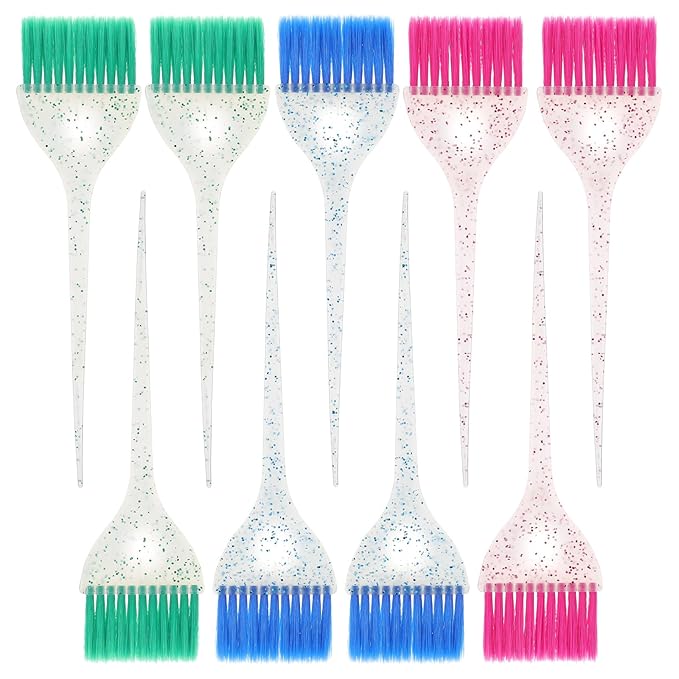 9pcs Color Brushes for Hair Stylist Hair Color Brushes with Glitter Handles, 8.5 X 2.2 In Hairs Dye Brush for Highlighting, Tint and Coloring Hairs Section, Salon Use Home DIY, 3 Colors