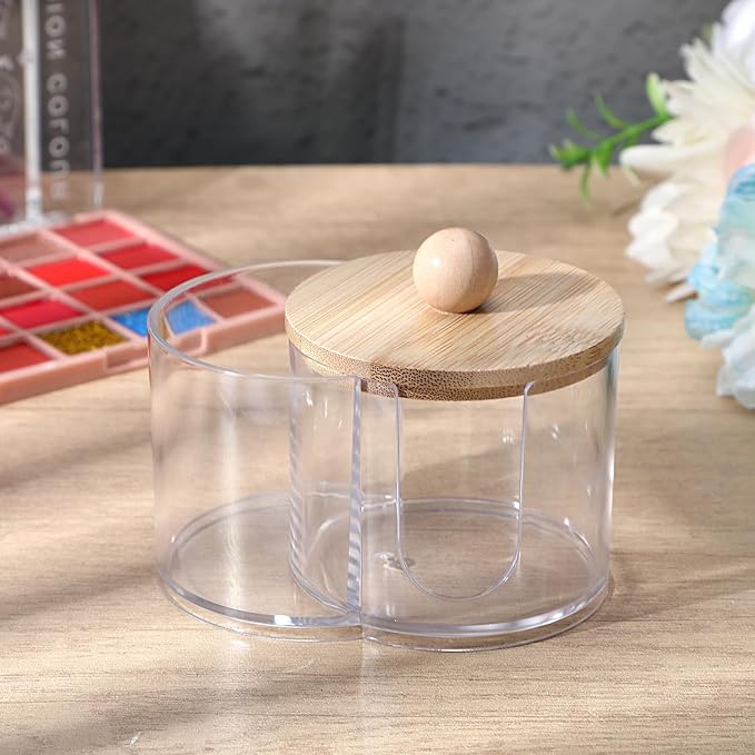 Cotton Round Holder, Dual Compartment Qtip Dispenser with Removable Dustproof Lid, Clear Plastic Cotton Pad Holder, Countertop Cottons Ball Holders Storage Container