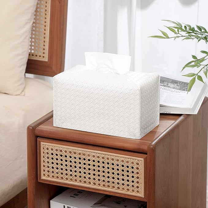 Tissue Box Cover PU Leather Tissue Holder Square Facial Tissue Case Facial Paper Organizer Dispenser for Bathroom, Vanity Countertop, Tabletop, Car, Rectangle, White