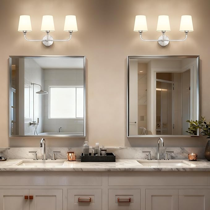 Bathroom Vanity Light, Brushed Nickel Bathroom Light Fixtures, 3-Light Lighting Fixtures Over Mirror, Modern Wall Sconce with Flared White Fabric Shade, E26 Socket(ETL Listed)