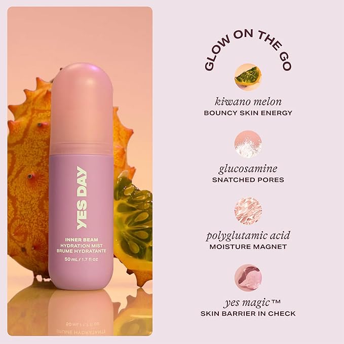 Yes Day Inner Beam Hydrating Face Mist for Teens – Travel Size Facial Spray for Teens & Ages 10 Up, with Kiwano Melon, Glucosamine & Polyglutamic Acid (50ml)