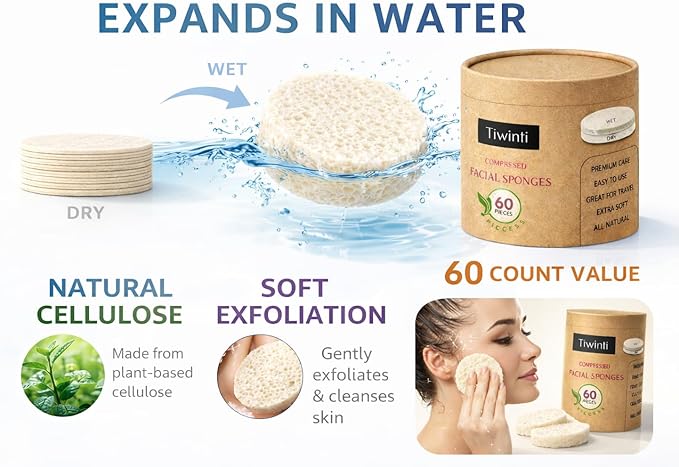 Compressed Facial Sponges 60 Pack – Natural Cellulose Facial Sponge for Cleansing, Makeup Removal, Exfoliating, Face Wash, Esthetician Spa Use (White)
