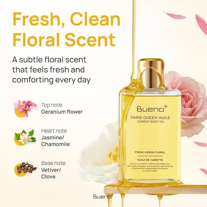 Bueno+ PARIS QUEEN HUILE CARROT BODY OIL | Hydrates & Protects Skin with Carrot Extract, Beta-Carotene | Protective Nutrition Supply Moisturizing Elasticity Dry Moisture | 6.7 Fl Oz