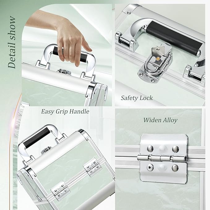 Costravio Makeup Train Case Organizer Box, Tavel Make-up Cosmetic Storage, Nail Supplies Storage Organizer with 2-Tier Tackle Trays & Mirror, Portable Lockable Carrying Case for Women or Girls