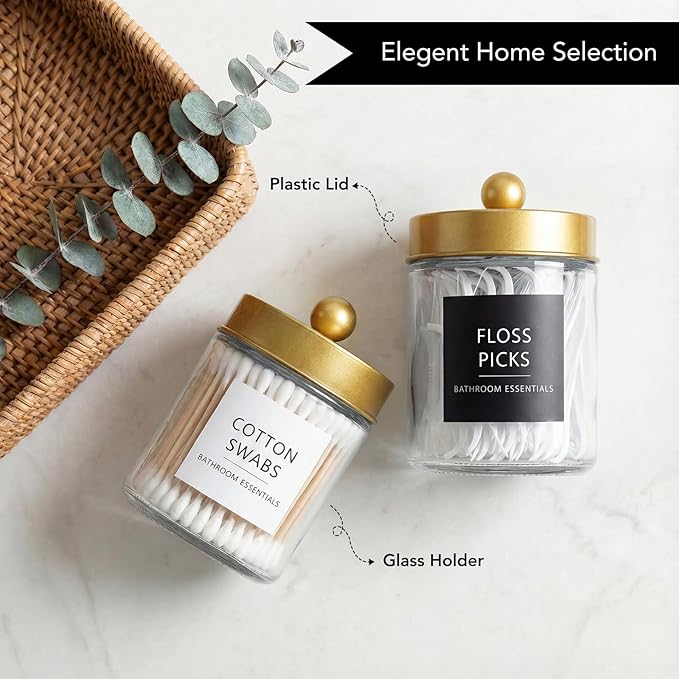 Amolliar 2 Pack Qtips Dispenser Holder - Bathroom Countertop Storage Organizer Containers - Glass Apothecary Jars with Gold Plastic Lid for Q-tips Cotton Balls, Swabs, Round Pads, Floss