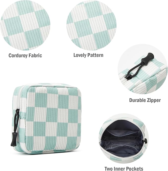 Small Makeup Bag for Purse,Mini Cosmetics Bag cute Zipper corduroy Cosmetic Pouch Storage Pouch Travel Toiletry Organizer for Women Girls(Checkered Green)