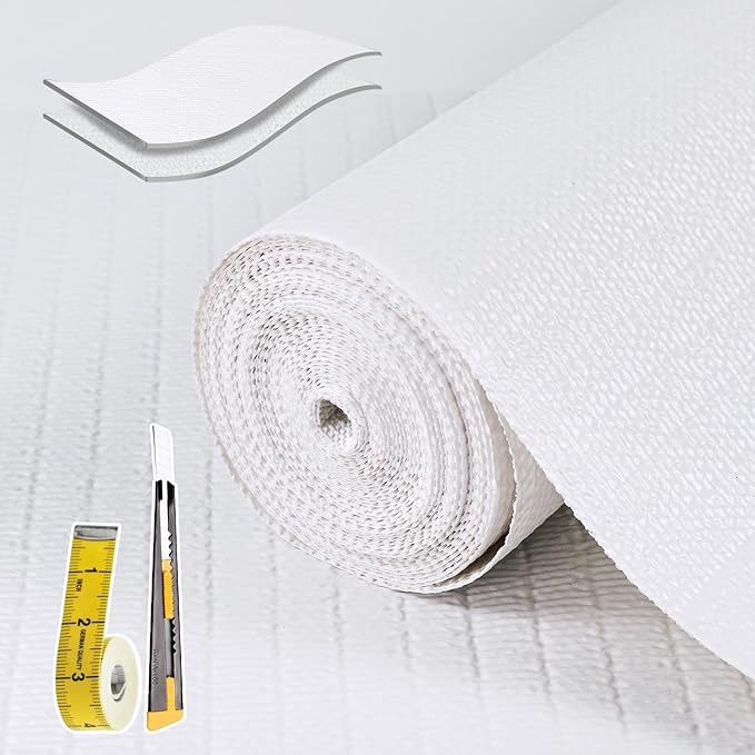 Shelf Liners for Kitchen Cabinets Non Adhesive Drawer Liner 17in x 20FT Pure White Thickened Shelf Liner Strong Non-Slip Easy to Clean for Tool Box Refrigerator with Knife and Tape Measure