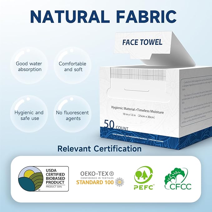 Face Towels, 10” x 12”, Face Towelettes Disposable, Extra Thick Soft and Absorbent for Sensitive Skin, Disposable Face Towel for Makeup Remover, Dry Wipes, 100 Count（2 Pack）