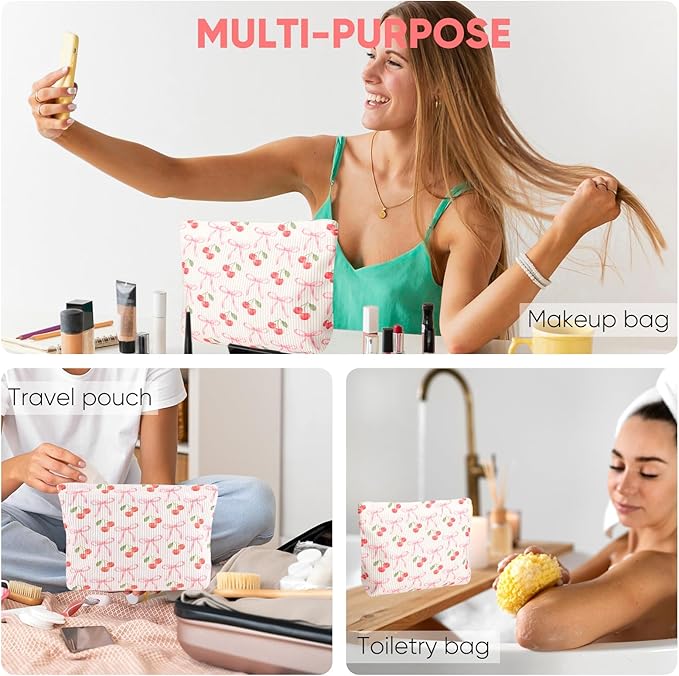 Cute Cherry Makeup Pouch for Women Small Make Up Bag for Purse Zipper Initial Makeup Cosmetic Bags Pouches for Purse Aesthetic Travel Toiletry Bags, Pink Cherries Bows