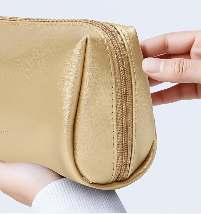 Aveniee Small Travel Makeup Bag, Vegan Leather Cosmetic Pouch for Purse,Wide-open Toiletry Organizer with Dividers & Zipper, Beauty Storage for Women-Gold