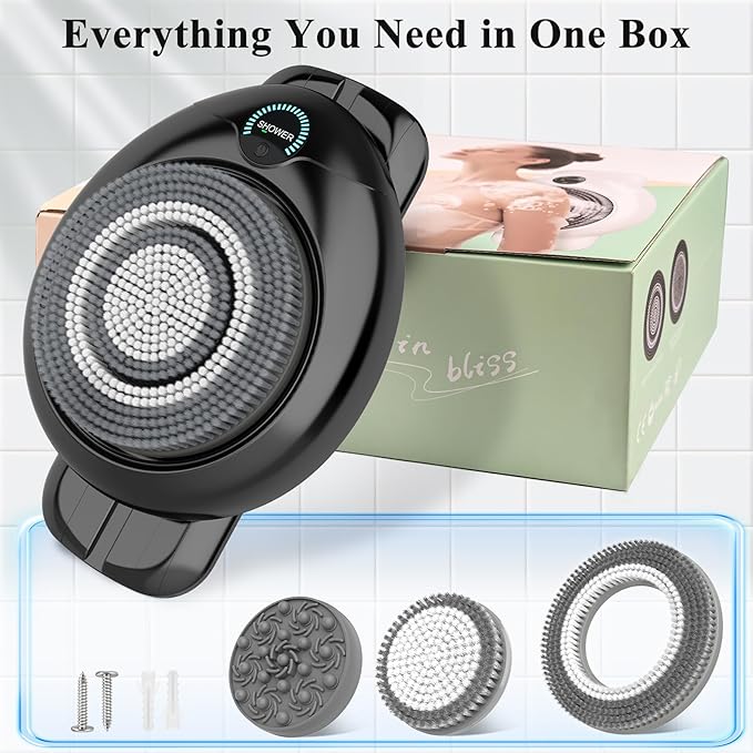 Electric Back Scrubber for Shower - Wall Mounted Exfoliating Brush, Hands-Free Automatic Body Scrubber, IPX7 Waterproof, 3-Speed Adjustment, 3 Replaceable Heads with 50pcs Disposable Shower Caps-Black