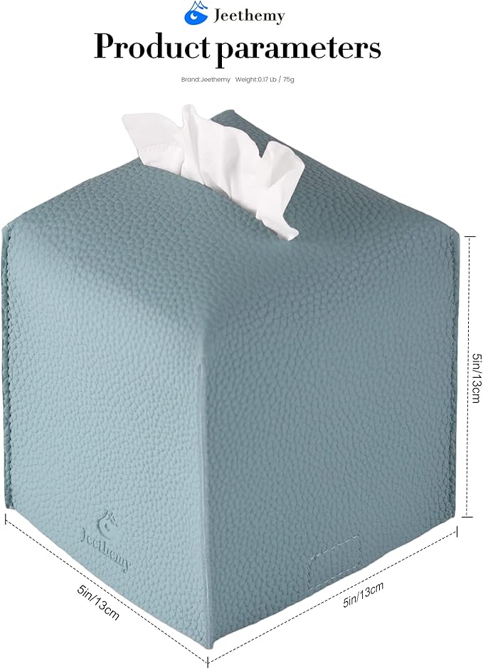 Tissue Box Cover, Jeethemy Square PU Leather Tissue Box Holder, Modern Tissue Case Facial Paper Organizer Dispenser，5X5X5'',Single Blue