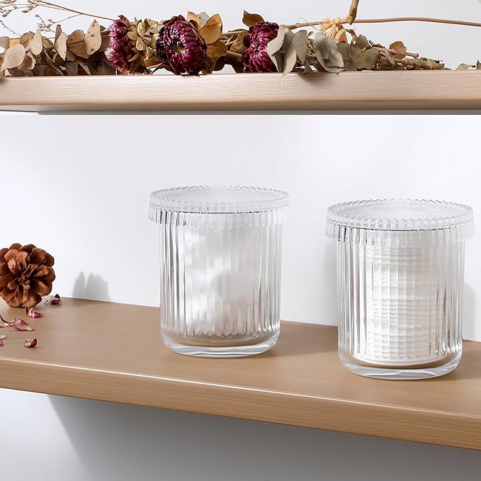 rejomiik Glass Qtip Holder Dispenser 2 Pack, Bathroom Canister Apothecary Jars with Lids, Vanity Makeup Accessories Storage Organizer for Cotton Swabs, Cotton Balls, Pads, Floss Picks, Clear
