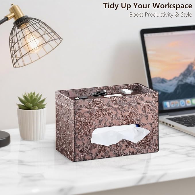 Fanousy Large Tissue Box Cover Rectangle with Tray on Top, PU Leather Facial Tissue Holder with Storage, Fits 230-Count Family Size Kleenex, Modern Nightstand Organizer for Bathroom Office Home Decor
