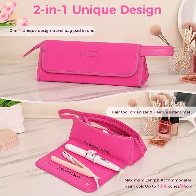 Hair Tools Travel Bag and Heat Resistant Mat, 2 in 1 Portable Organizer Hair Travel Case for Curling Iron, Hair Straightener, Flat Irons, PU Hangable Handle, Neoprene (Vibrant RoseRed)