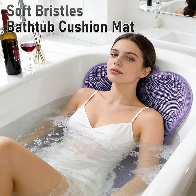 Back Scrubber Body Bath Cushion for Tub Bathtub with Back Lumbar Ergonomic Support, Silicone Extra Large Thick Soft Seat Pad Non-Slip Suction Cups, Relaxing Spa Exfloating Scrubber Mat Purple